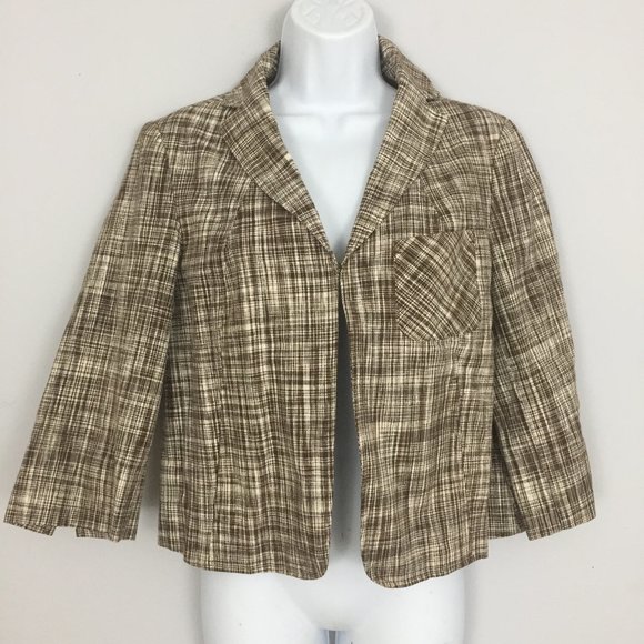 Talbot Blazer Women 6P Brown White Check Linen Blend Cropped Collared 3/4 Sleeve - Picture 1 of 7